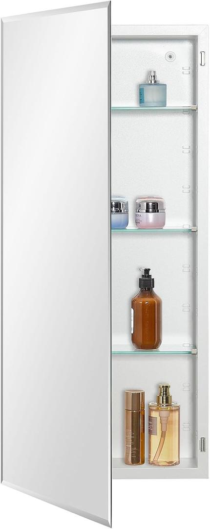 Bathroom Medicine Cabinet with Beveled Edge Mirrored Door 16 x 36 inch, Recessed or Surface Mount, with Adjustable Glass Shelves (16x36 inch Beveled Edge Mirror, Matt White)