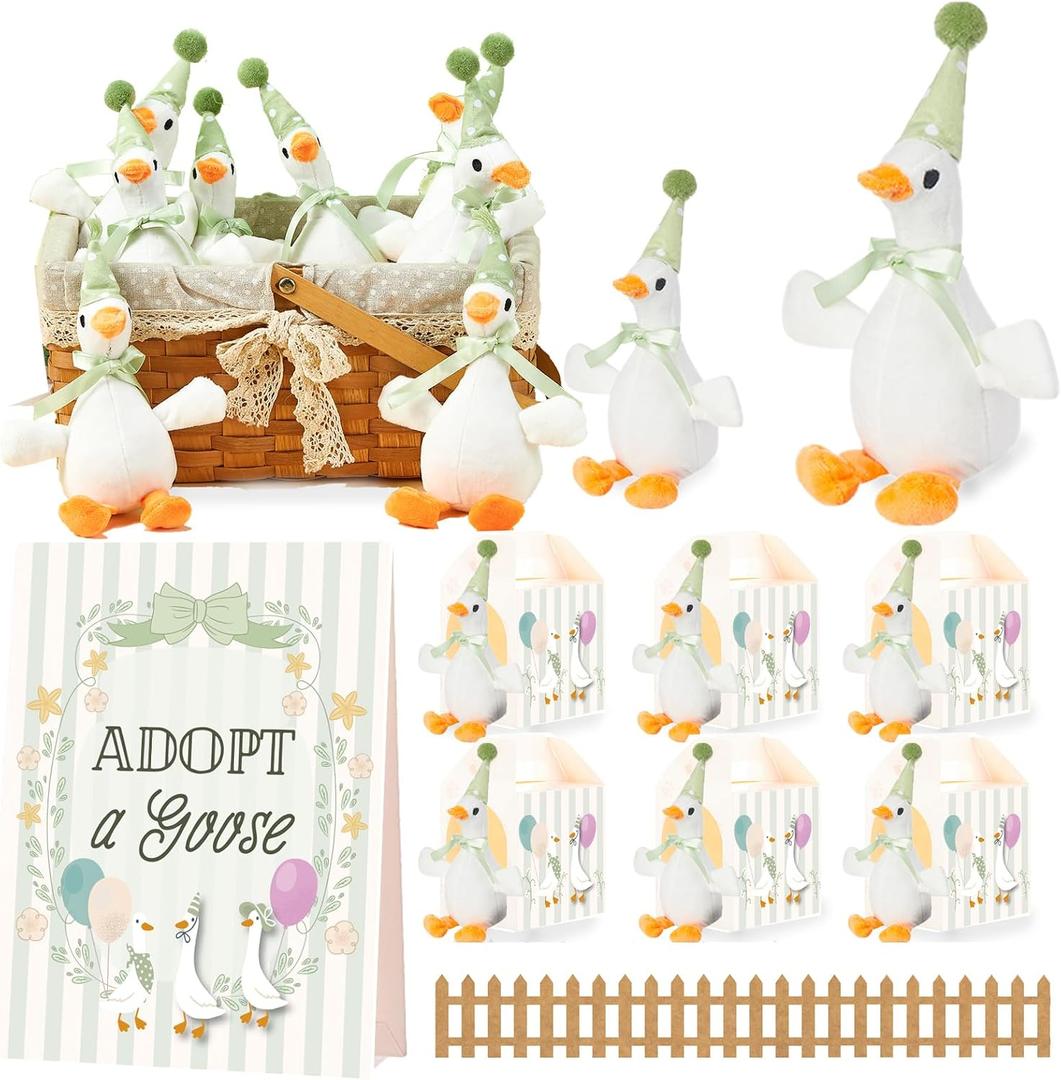 Soulchen 16 Sets One Silly Goose Birthday Decor Adopt a Goose Favors Small Stuffed Plush Animal with Birthday Party Hats Ribbon Bow for Adopt a Pet Theme Party Supplies Gifts Baby Shower(Green)