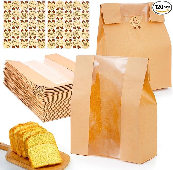 120 Pcs Paper Bread Bags for Homemade Bread, Sourdough Bread Bags and Paper Bakery Bag with Window for Baked Food Packaging Storage, Pack Breakfast and Lunch, Large Kraft 13.7x8.2x3.5inch Brown (120)