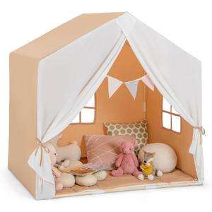 Large Kids Tent with Mat, Children's Play Tent w/Flag Banner, Windows, Gauze Curtain, Solid Wood Frame, Indoor Outdoor Kids Playhouse for Boys & Girls Age 3 + (Orange)