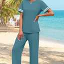 WIHOLL Two Piece Sets for Women Summer Outfits Lounge Sets Short Sleeve Tops Wide Leg Pants Vacation Travel Outfits (Blue, L)