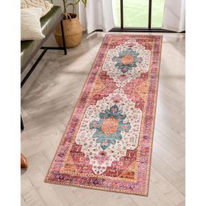 Moynesa Ultra-Thin Washable Runner Rug - Pink 2x5 Bathroom Rug Low Pile Hallway Rug Runner, Non Slip Pet Friendly Indoor Floor Carpet Runner for Kitchen Living Room Bedside Laundry Room (2' x 5', Pink/Teal/Multi)