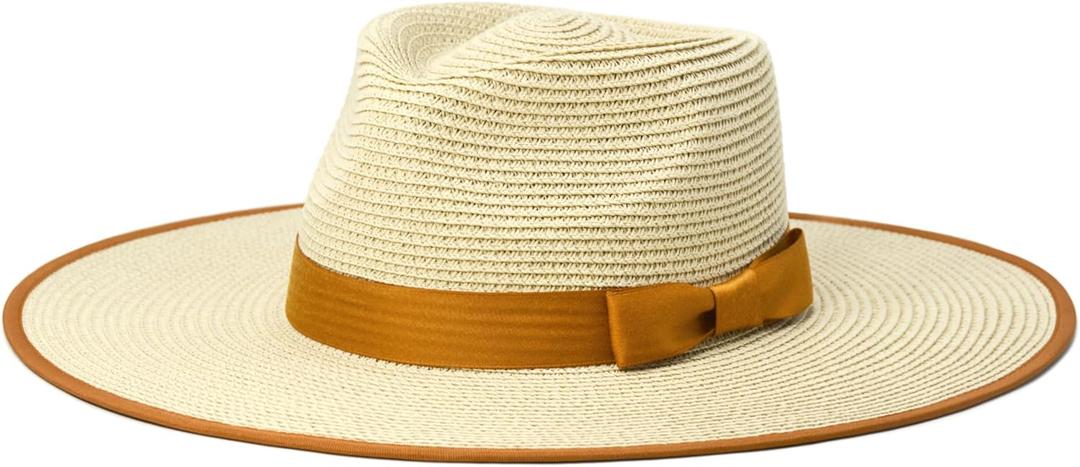 FLUFFY SENSE. Unisex Wide Brim Sun Hat Straw Panama Rancher Fedora Hat for Men Beach Hat for Women (Beige)