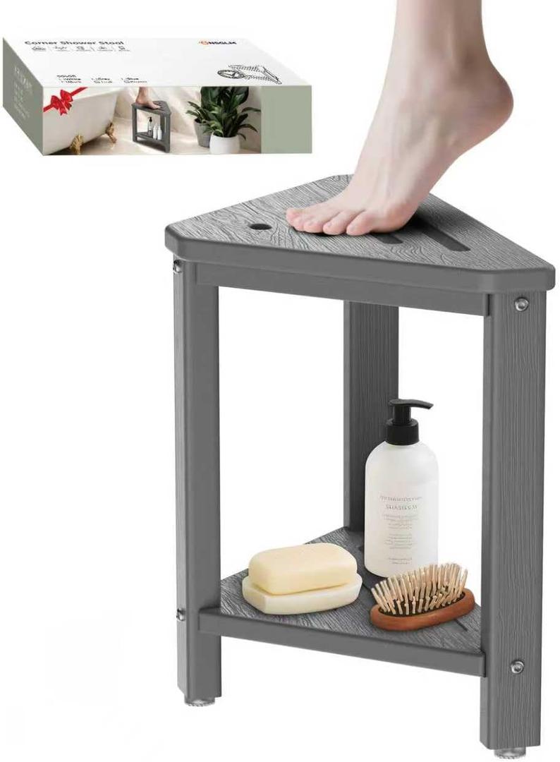 Shower Foot Rest 15in, HDPE Waterproof Shower Stool for Inside Shower, Corner Shower Stool for Shaving Legs with Storage Shelf for Small Space, Shower Step Stool, Plastic Corner Shower Bench, Grey