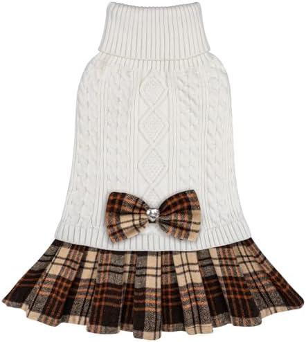 KYEESE Dog Sweater Thick Dogs Clothes with Bowtie Soft Turtleneck Pet Sweater Dress Comfy Knitwear Dog Sweaters for Small Dogs Girl Warm Pullover Pet Coats Stretchy Cat Sweaters, White, XL