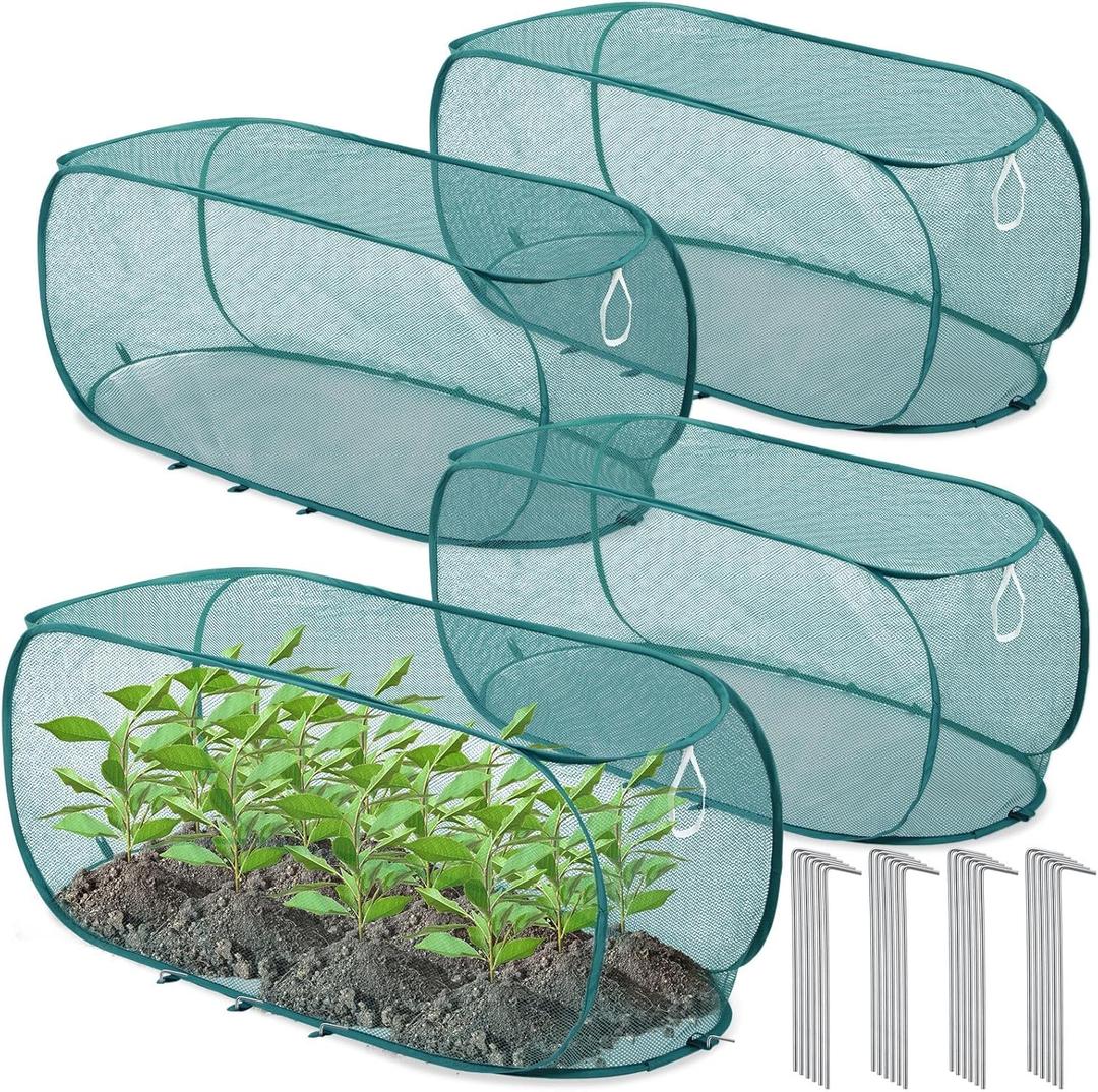 Threehoney 4 Pcs 35'' x 14'' x 16'' Pop up Garden Mesh Plant Cover Outdoor Plant Protector Garden Row Raised Bed Cover with Ground Nails Crop Cage Net for Seedlings Vegetable Fruit Herbs (Dark Green)