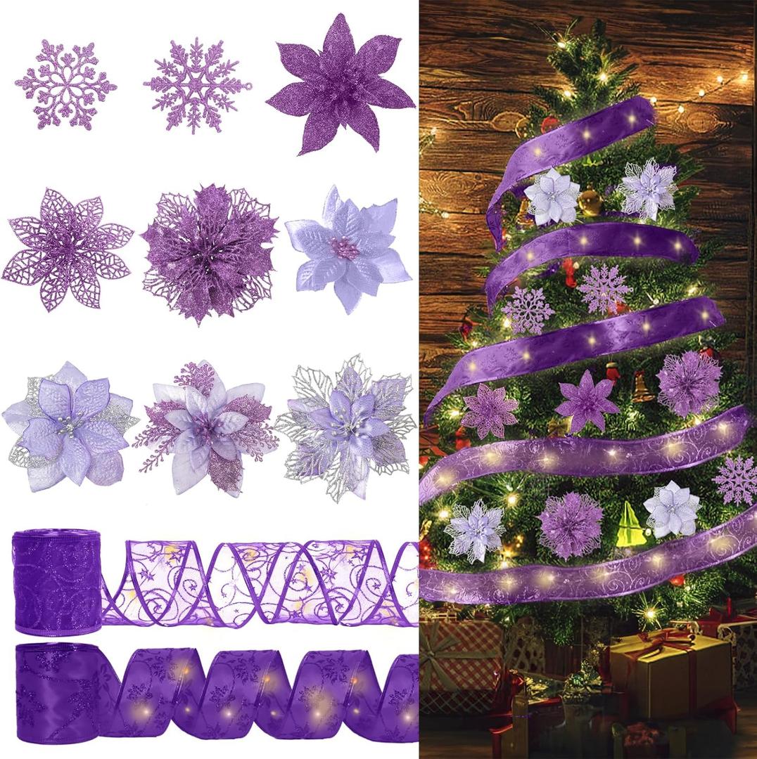 RECUTMS Christmas Glitter Tree Ornaments Christmas Snowflake Flower Poinsettias Xmas Purple Glitter Artificial Flowers with Ribbon for Wreath Xmas Tree Ornament Wedding Party Decor(Purple)