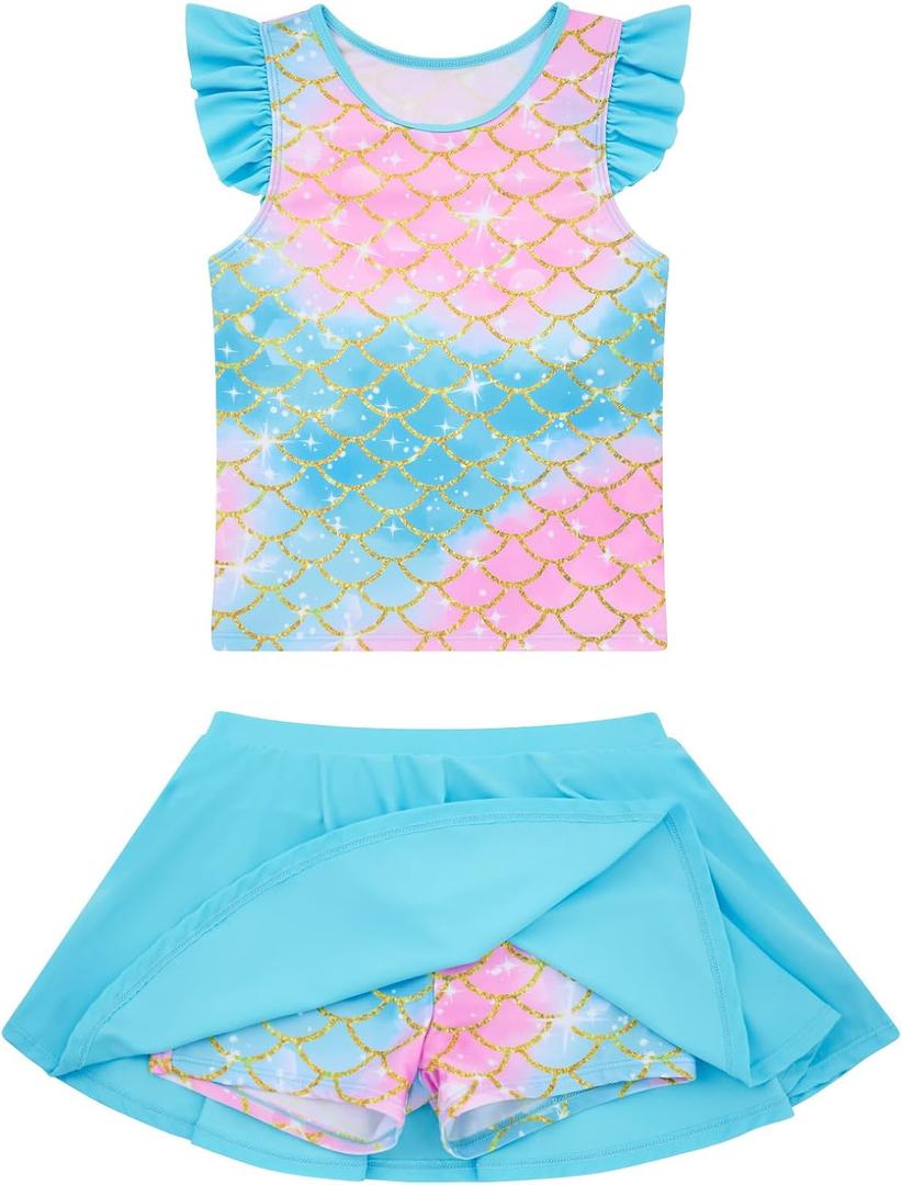 Girls Swimsuit 2 Piece Ruffle Bathing Suit UPF 50+ Tankini Swimsuit Skirt with Lining (5-6 Years, A1-mermaid-01)