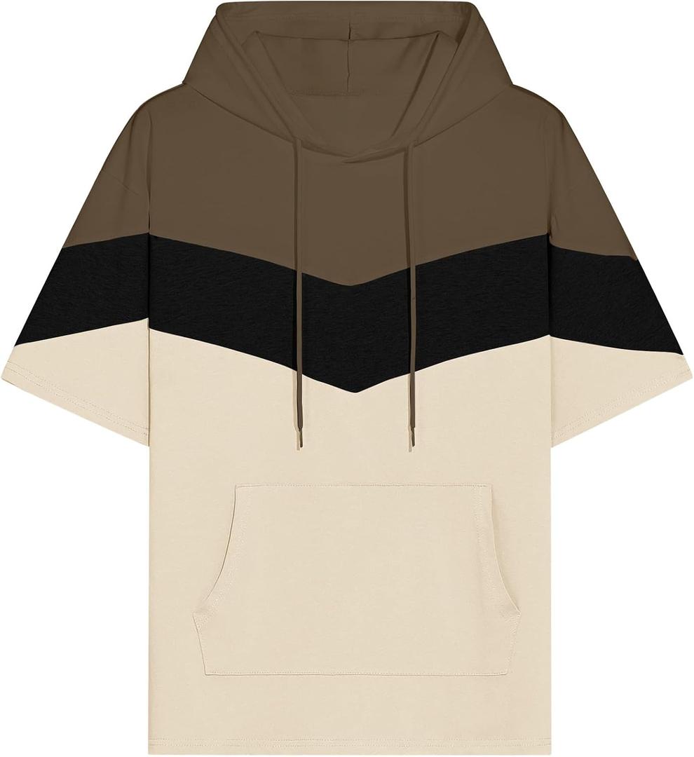 Mens Short Sleeve Hoodie Soft Cotton Color Block T-Shirt Pullover Big Pocket Half Sleeve Summer Sweatshirt XXL