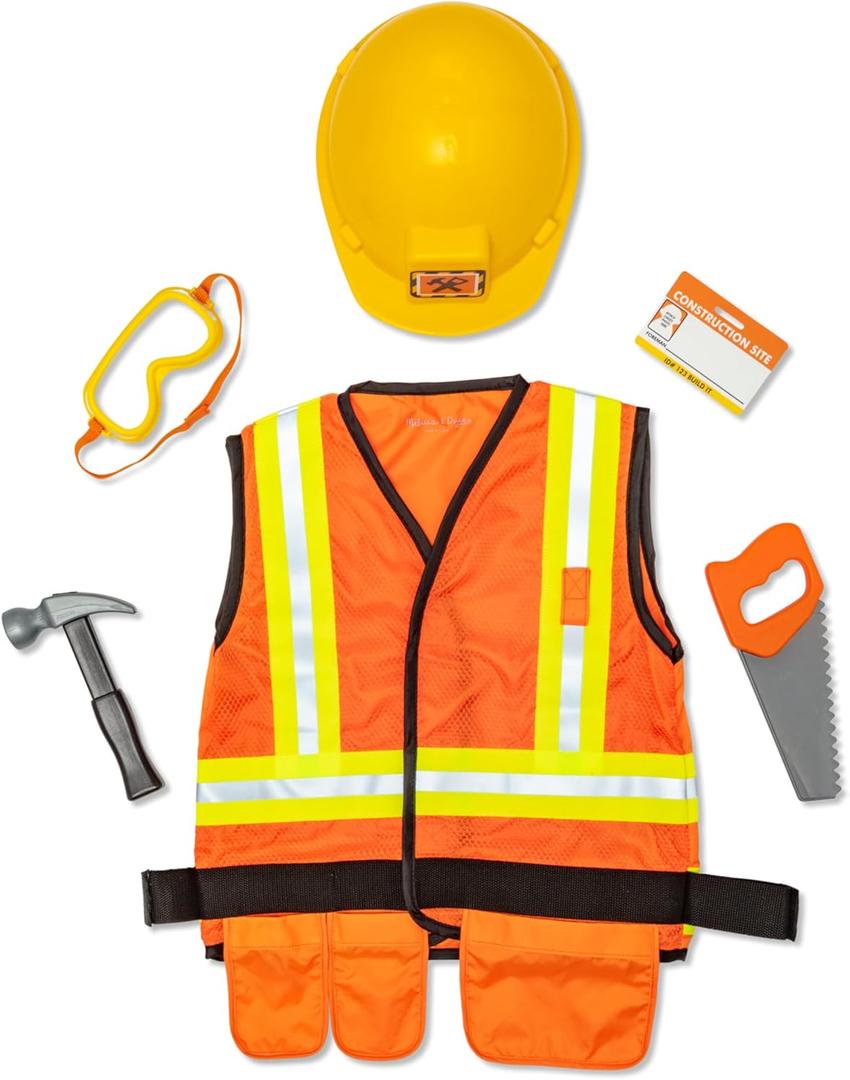 Melissa & Doug Construction Worker Role Play Costume Dress-Up Set (6 pcs) Pretend Construction Worker Outfit, Toddlers Ages 3+