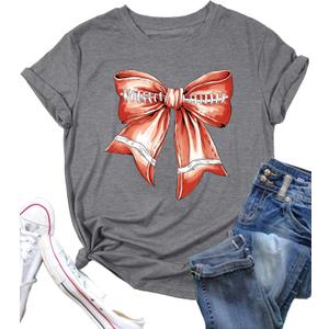 Football Shirt Women Game Day T-Shirt Football Graphic Print Casual Short Sleeve Outfit Tops (Small, Gray)