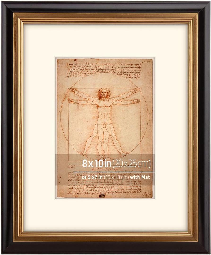 8x10 Black and Distressed Gold 2 Tone Vintage Neutral Picture Frame, Hand Painted Real Wood Profile, Matted for 5x7 Photo, Prints or Paintings, Brass Inner Border