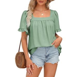 BZB Womens Summer Peplum Tops Sqaure Neck Ruffle Sleeve Blouses Fit Flowy Shirts large