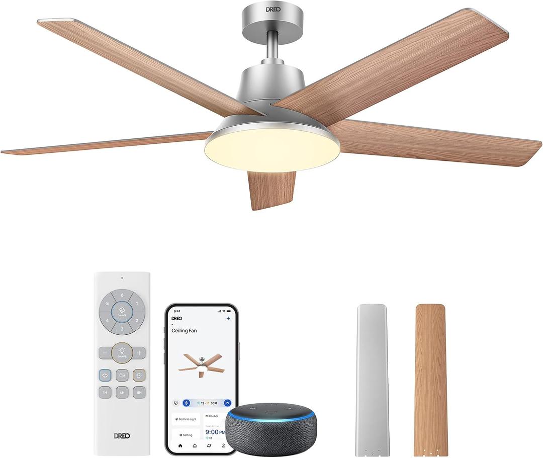 DREO Smart Ceiling Fan with Lights, 52 Inch, 12 Speeds & 3 Fan Modes, Stepless, Dimmable LED Light, Timer, 22dB Quiet DC Motor, Remote/APP/Alexa Control, Silver Ceiling Fans Indoor, 2026 Upgraded