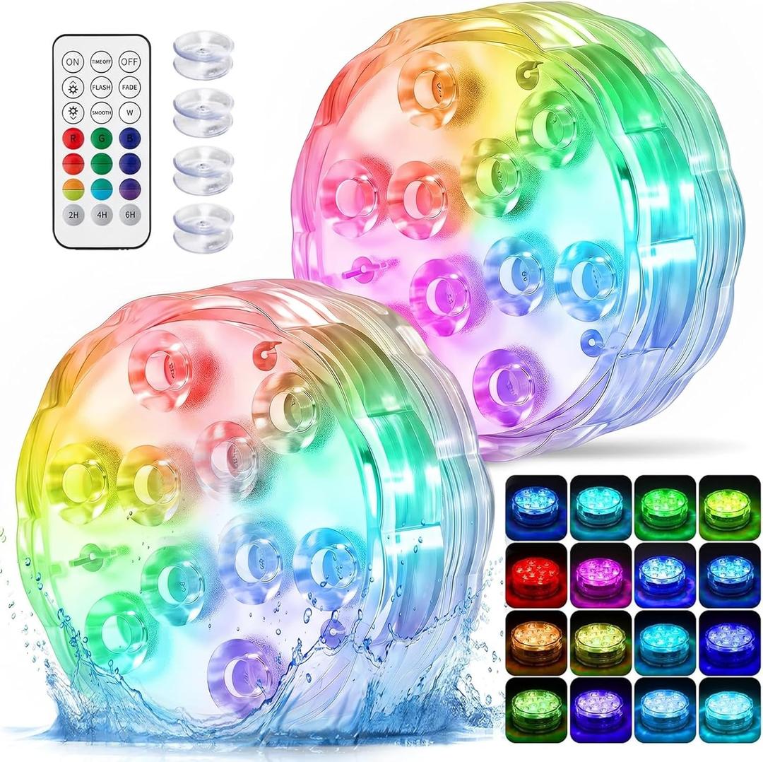 2026 Upgraded Submersible LED Lights, IP68 Waterproof Floating Pool Hot Tub Lights with Remote Control, 16 RGB Colors, Timer, Suction Cups, Battery Powered Underwater Lights for Spa, Pond, Vase Decor