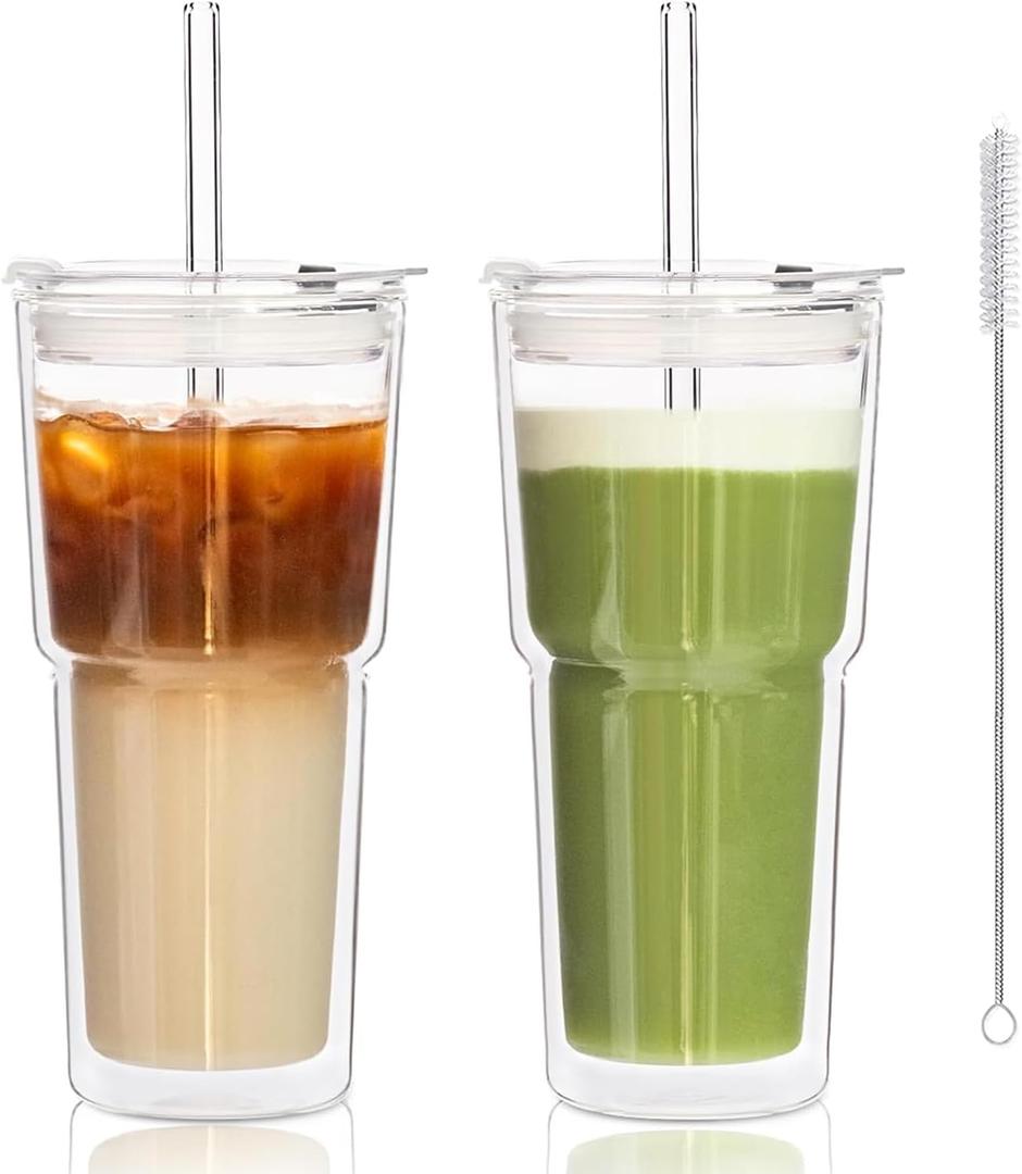 KEMORELA 2PCS 20oz Double Wall Glass Tumblers with Lids and Straws – Insulated Borosilicate Glass Matcha Cups for Iced Matcha Latte, Smoothies, Reusable Travel Glass Cups – Leak Proof 2-in-1 Lid Clear double wall glass coffee mugs