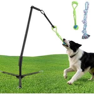 Outdoor Tug of War Dog Toy with Reinforced Tripod Base - Heavy Duty Iron 360 Interactive Tether Tug Toy for Backyard Solo Play - Adjustable Spring Pole Rope System for All Breeds