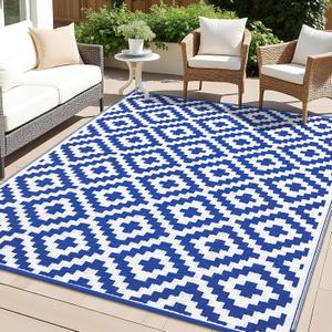 OLANLY Waterproof Outdoor Rug 6x9 ft, Outdoor Plastic Straw Rug for Camping, RV Mat Outside, Outdoor Carpet for Porch, Deck, Backyard, Balcony, Picnic, Blue & White