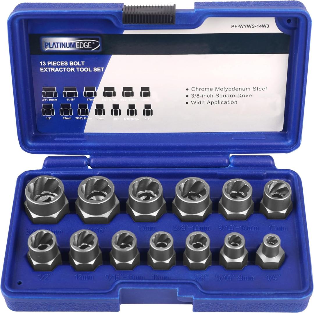 PLATINUMEDGE 13 Pieces Impact Bolt & Nut Remover Set, Stripped Bolt Extractor Set, Cr-Mo Extraction Tool Set with Solid Storage Case, Easy Out Rusted Rounded Damaged Nuts and Bolts