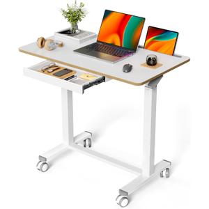 Mobile Standing Desk, 35inch Small Rolling Table with Drawer, Height Adjustable Sit Stand Workstation, White Portable Laptop Cart with Hidden Wheels or Lockable Casters