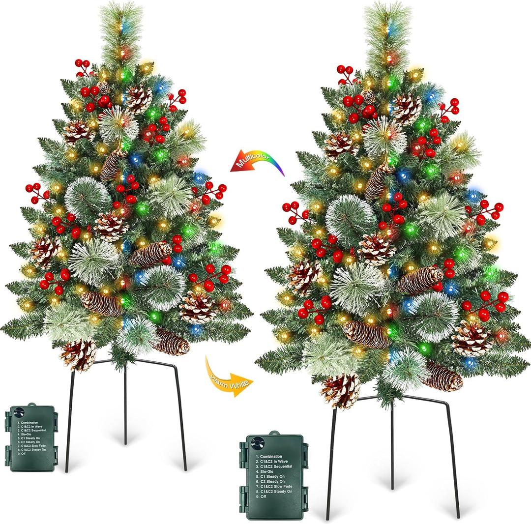 Outdoor Christmas Tree 2 Pack 33" Christmas Urn Filler with 50 Warm  &Colorful Lights, Artificial Xmas Tree 8 Modes Timer, Mixed Tips Pinecones Red Berries Battery Operated for Pathway Yard Porch Planter