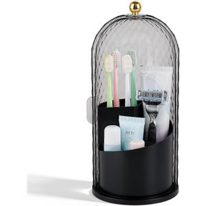 Toothbrush Holder with Cover for Bathroom Countertop, Rotating Organizer for Electric Tooth Brush and Toothpaste, 3-Slot Makeup Brush Storage, Self-Draining Vanity Counter Organizer, Black