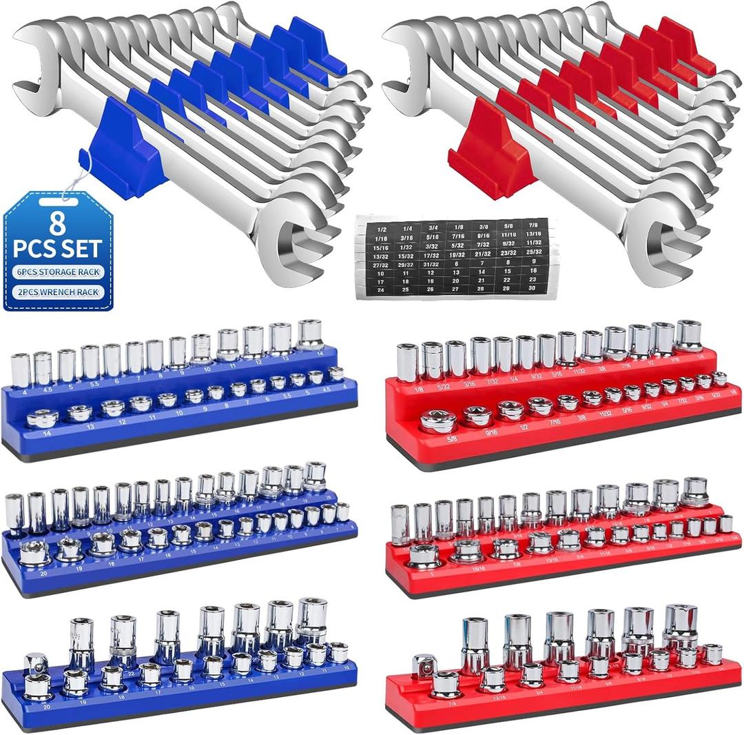8PS Magnetic Wrench and Socket Organizer Set, Tool Trays 1/4", 3/8", 1/2" Tool Box Organizer, Metric Holder(Socket, Wrench not Included)