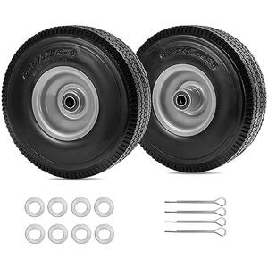 Parts Camp 10 inch wheel 4.10/3.50-4" Flat Free Tire and Wheel 10" Solid Tire for Gorilla Cart Hand Truck Garden Wagon Trolley Dolly tire replacement -5/8" Axle Bore Hole, 2 1/4"Offset Hub (2 Pack)