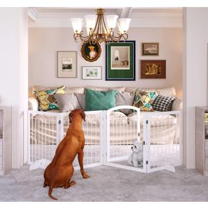 JSB 96-inch Extra Wide 30-inch Tall Dog gate with Door Walk Through, Freestanding Pet Gate for Halls, Stairs & Home, Pet Puppy Safety Dog Fence with 2PCS Support Feet (White)