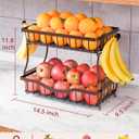 Bronze 2 Tier Large Fruit Basket for Kitchen Counter with 2 Banana Hangers, Metal Fruit Bowl for Onion Vegetable Bread Snack, Countertop Organizer 14.5" W x 9.5" D