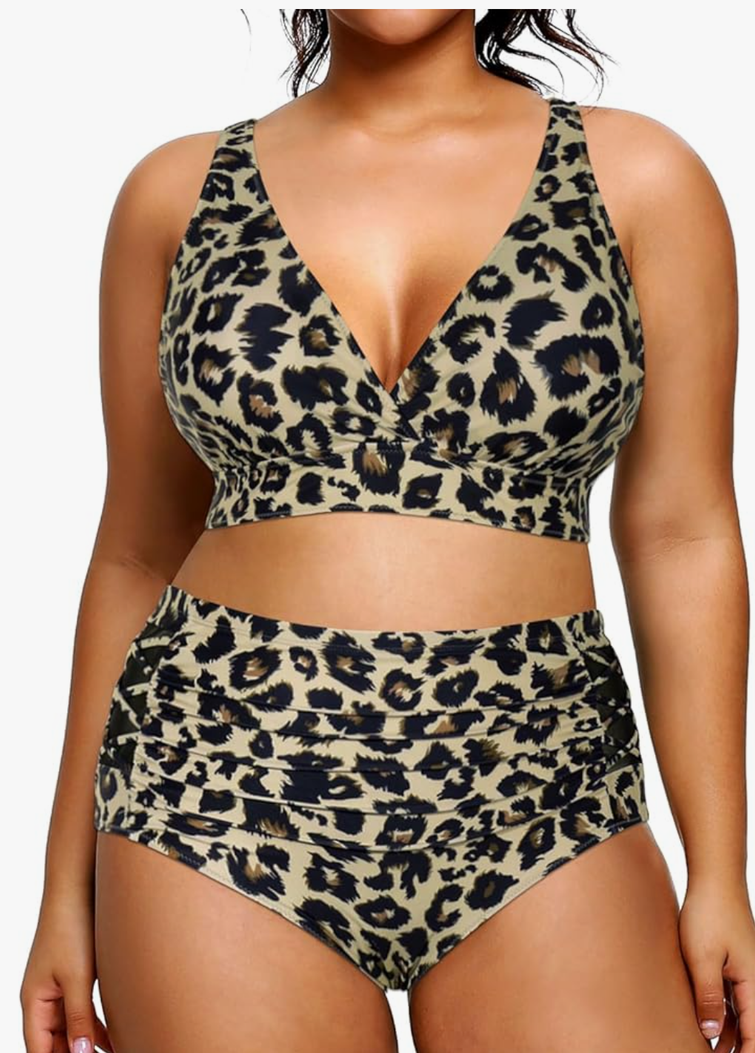 Yonique Womens Plus Size Bikini High Waisted Swimsuits Two Piece Bathing Suits Tummy Control Swimwear, 28W, Leopard