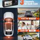 3 Channel Dash Cam,4K+1080P Dash Cam Front and Rear Inside, Dash Camera for Cars, Triple Car Camera with 32GB Card,Built-in G-Sensor, 2 IPS Display Car Camera,Loop Recording,24Hr Parking (Black)