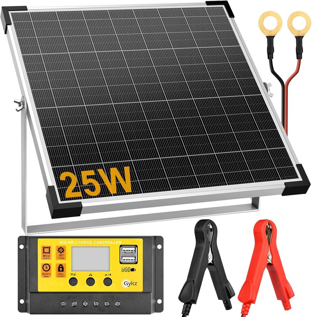 Solar Panel Kit 25W 12V, Monocrystalline Waterproof Solar Battery Trickle Charger Maintainer & Upgrade Controller & Adjustable Mount Bracket, for Boat Car RV Motorcycle Marine Automotive