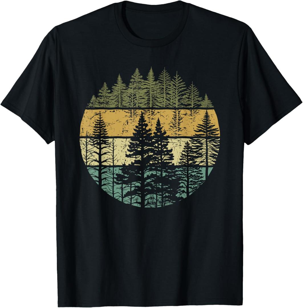 Retro Forest Trees Outdoors Nature Women Men Vintage Graphic T-Shirt (Small, Black)