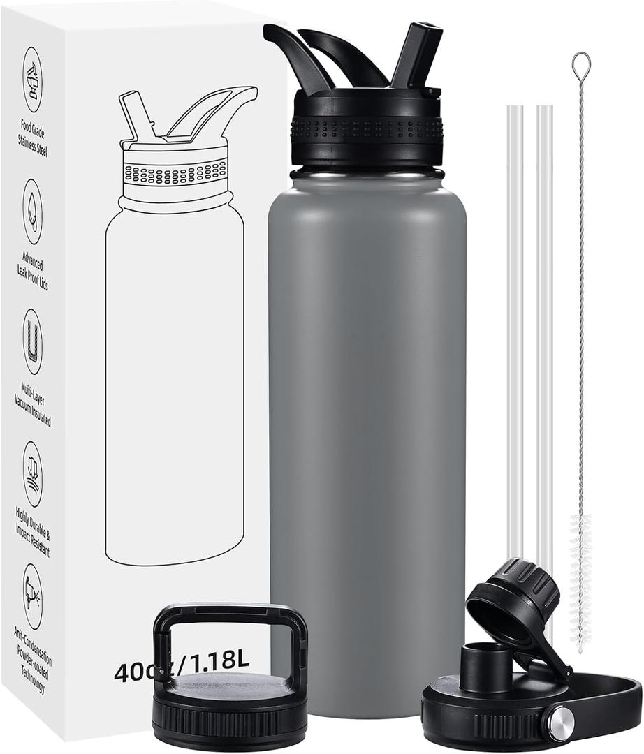 Insulated Water Bottles with Straw 40 oz Leak Proof, Vacuum Insulated Stainless Steel Sport Tumbler with 3 Lids Straw, Spout and Handle Lid for Sports, Gym or Office,Grey