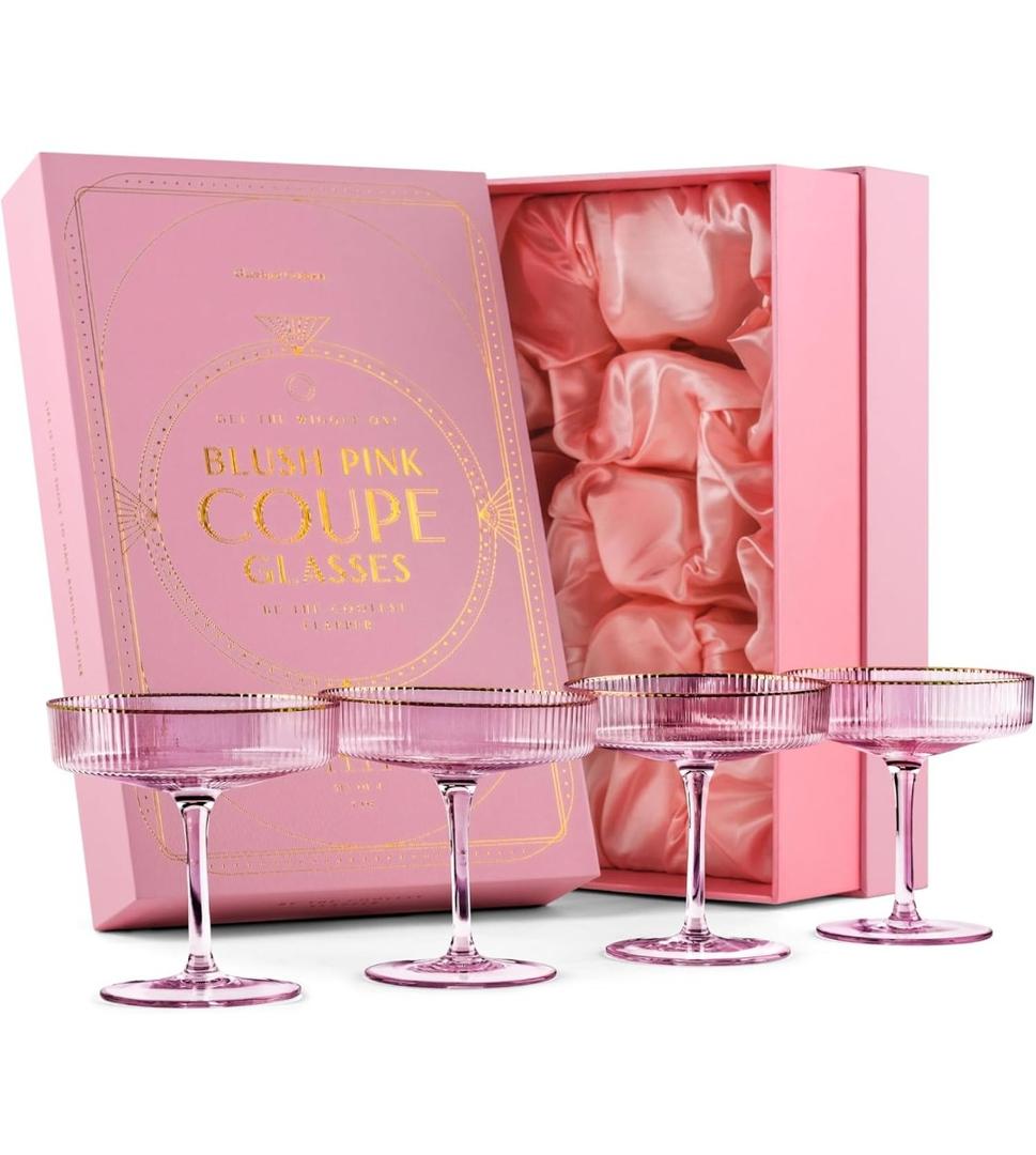 GLASSIQUE CADEAU Vintage Art Deco Blush Pink Coupe Glasses with Gold Rims | Set of 4 | 7 oz Crystal Ribbed Cocktail Glassware for Drinking Champagne, Martini, Cosmopolitan | Girly Speakeasy Saucers