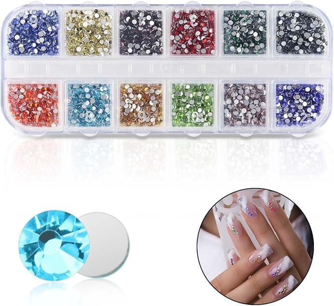 2400 Pieces Flat Back Rhinestones Colorful Round Glass Gems for Nail Art & Face Makeup Flatback Crystal Rhinestone for Crafts DIY Clothes Shoes Bags Manicure Diamond Art (12 Colors), 2 Pack