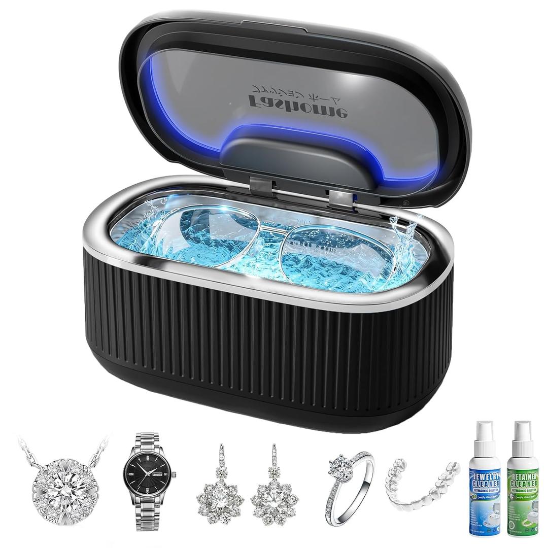 Ultrasonic Cleaner Set with Basket & Light, 304 Stainless Steel Tank, Includes 2100ml Cleaning Solutions for Silver, Gold, Diamond Rings, Retainers, Glasses, Dentures & Watches (Black)
