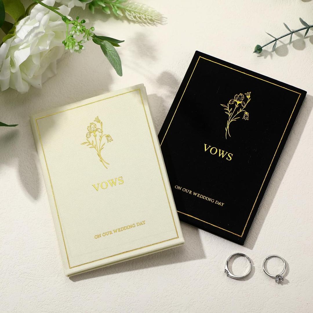 Engrowtic Set of 2 Wedding Vow Books His and Hers Vows on Our Wedding Day Notebooks with Gold Foil Fabric Cover 5.8"x 4.1" Bride and Groom Gift for Newly Engaged Couple, 60 Lined Pages (Black, White)