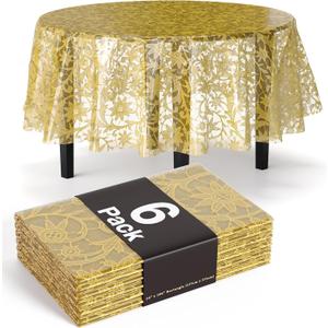 Exquisite Lace Table Cloth Round Table Plastic 6-Pack Lace Tablecloth Round 84" | Clear & Gold Floral Tablecloth Disposable | Wild Flower Party Decorations & Party Supplies