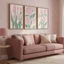 Framed 3 Pcs Pink Tulips Flowers Canvas Wall Art Boho Pink and Green Abstract Floral Botanical Paintings Pictures Wall Decor Poster Print Artwork for Living Room Bedroom Home Decoration
