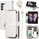 Argyle Wallet Case for Samsung Galaxy Z Fold 6 5G 2024 with Wrist Strap Shoulder Strap Card Slot Zipper Purse Luxury PU Leather Stand Cell Phone Cover for ZFold6 Z6 G Fold6 6Z Girls White