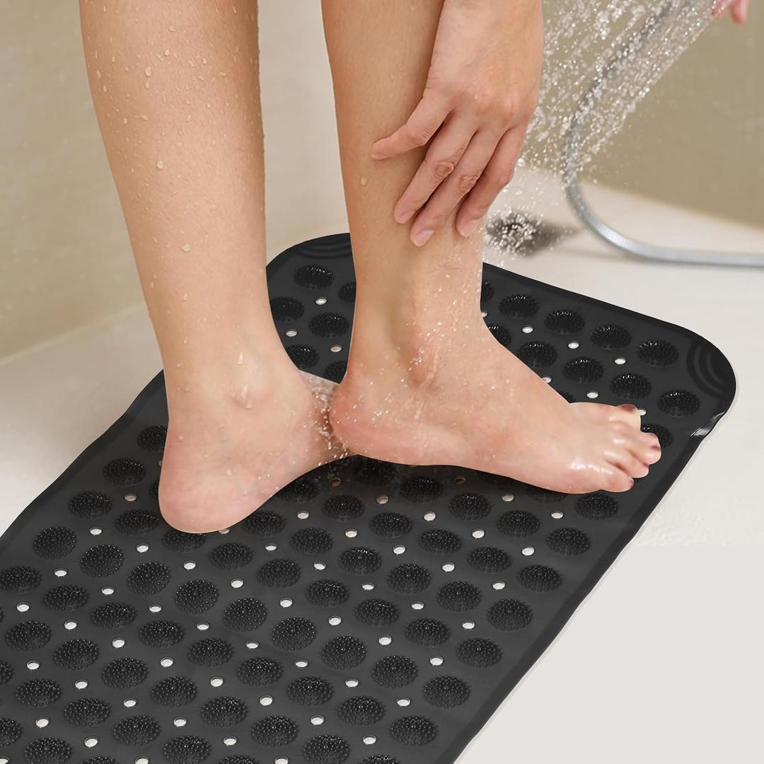 PATIKIL 27.95 x 14.17 Non-Slip Shower Mat, PET Bathtub Floor Mat with Suction Cups & Drain Holes for Shower Stall Bathroom Bathtub, Black
