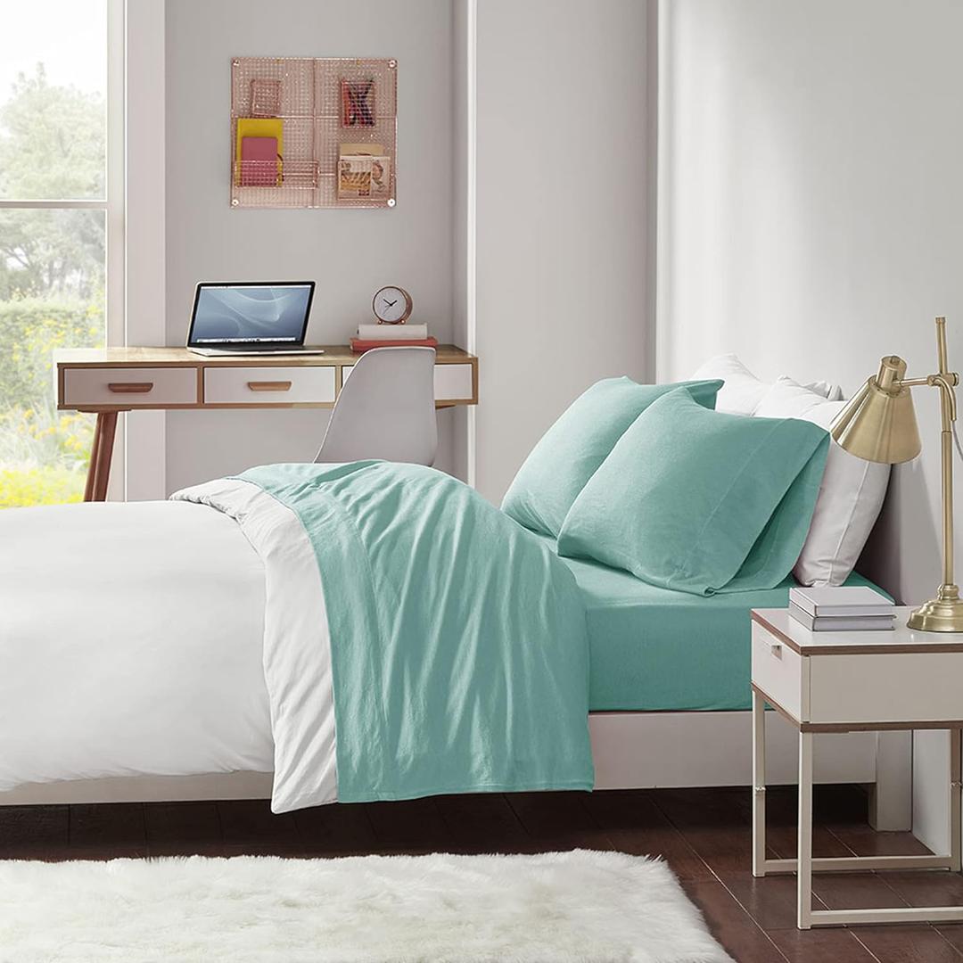 Intelligent Design ID20-695Cotton Blend Jersey Knit Wrinkle Resistant, Soft Sheets with 14" Deep Pocket All Season, Cozy Bedding-Set, Matching Pillow Case, Twin, 3 Piece , Aqua