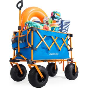 Old Bahama Bay Foldable Beach Wagon with Balloon Wheels, Heavy Duty Collapsible Wagon Cart for Soft Sand, Large Capacity Wagon with Umbrella Holder & Side Storage, 330 lbs Load Capacity