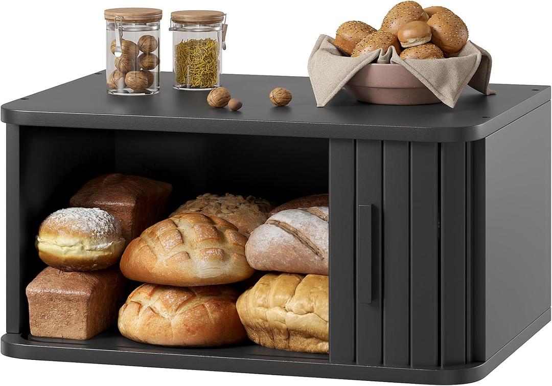 WOWLIVE Bread Box for Kitchen Countertop, Large Roll Top Bread Boxes with Sliding Door, Airtight Bread Storage Container for Loaves, Pastries & Bagels, Bamboo Counter Organizer (Black, Medium)