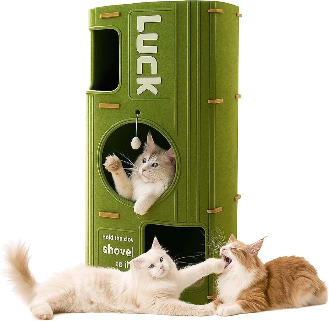 3-Tier Felt Cat House & Tunnel Bed for Indoor Cats Enclosed Felt Cat Cave Condo with Plush Ball & Cushion Cozy Hideaway Nest & Cat Furniture, Large Covered Casa para Gatos