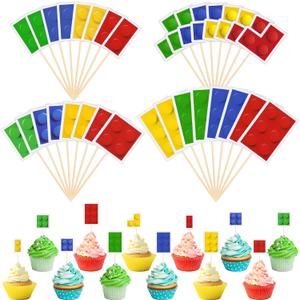 48 Pieces Color Building Block Themed Cupcake Toppers Building Block Party Favors Decorations for Adults Party Supplies