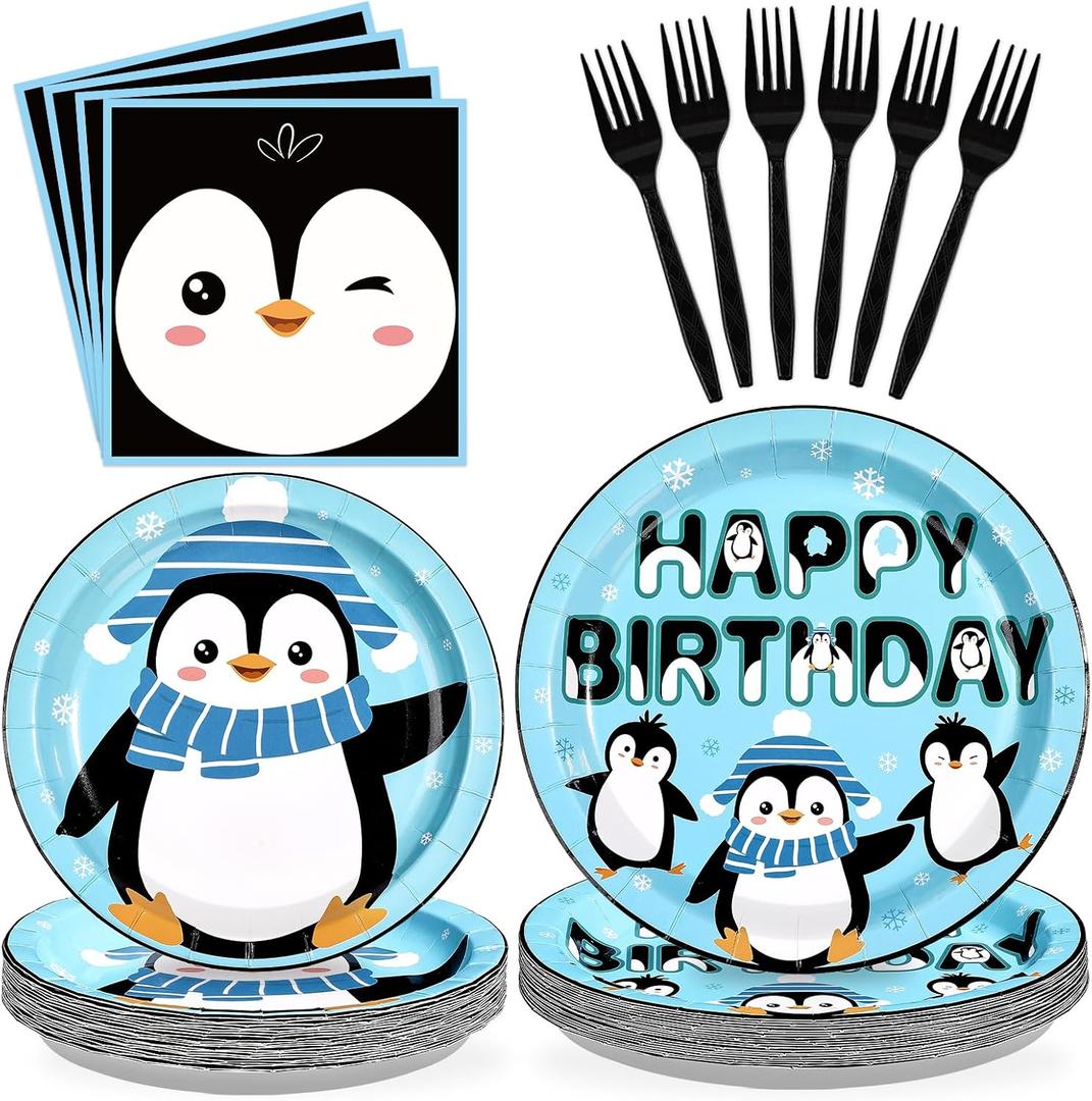 96 Pcs Penguin Birthday Party Supplies Winter Onederland Penguin Party Plates and Napkins Disposable Arctic Animal Tableware Set for Kids Birthday Baby Shower Decorations Serves 24