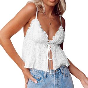 Woman Y2k Solid Self-tie Camisole Spaghetti Strap V Neck Open Front Tops Ruffle Trim Cami Streetwear (Large, White)